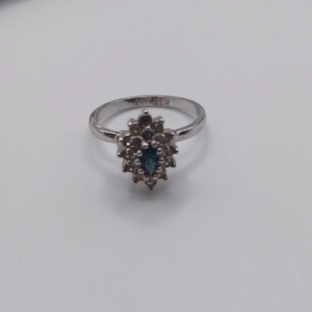 18K GE Faux Sapphire and Clear Rhinestone Ring Sz 8.75